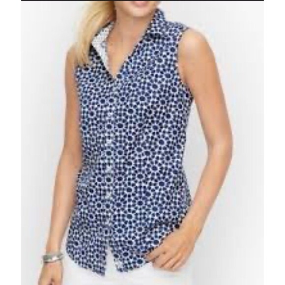 Talbots Tops - TALBOTS Women's NON IRON Cotton Tank Top Geometric Blue White Size 10 Preppy